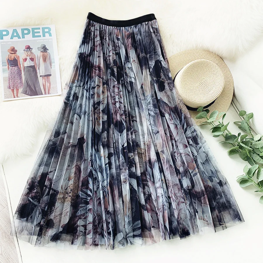 

B54285A Retro style spring summer new lady fashion flower print long skirt