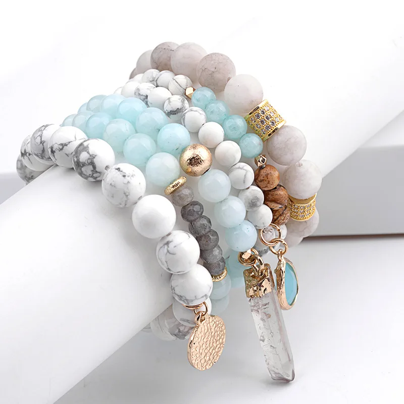 

AromatherapyJewelry,TasselJewelry,Gypsy and Boho Natural Stone Druzy Amazonite Quartz HealingCrystal Stack Bracelet set