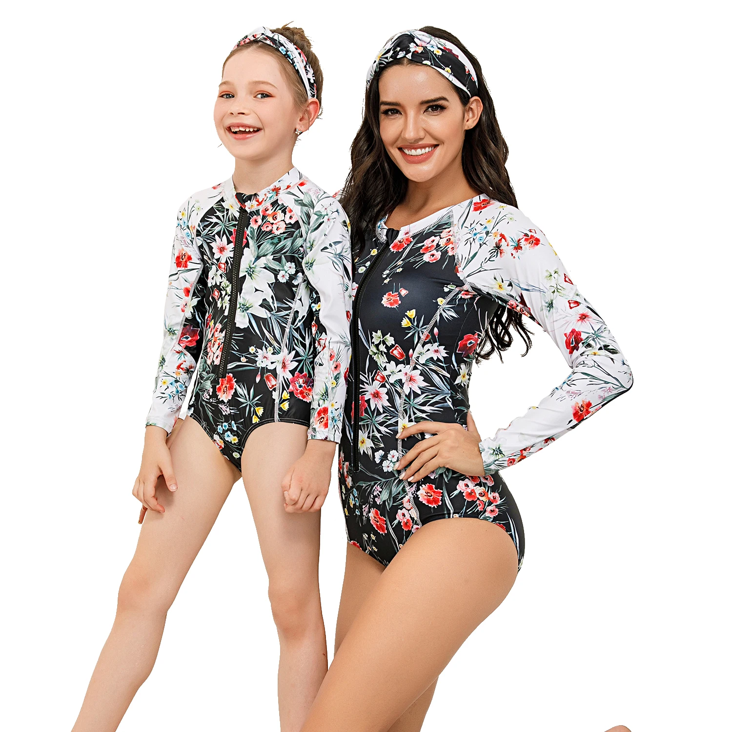 

Lastest Zipper Headband Long Sleeve Swimsuit Four Pieces Wrap Floral Bathing Suits Rash Guard Mummy and Me Blank Swimwear