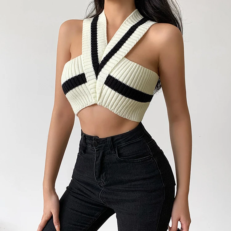 

New Trend Streetwear Cross White Black Woolen Halter Crop Tank Top Club Sexy Tops For Women 2022, Apricot