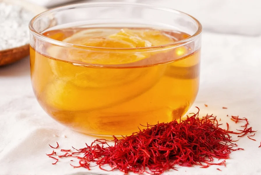 Various saffron products including threads, powder, and prepared saffron water in glass containers for comparison