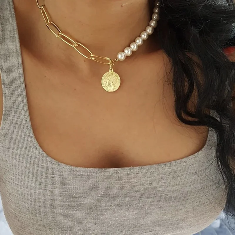 

18k gold plated imitation pearl cuban link chain copper coin pendant clavicle charm fresh water pearl necklace for women