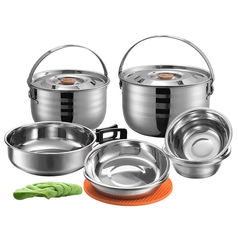 

Multi-Function Stainless Steel Cookware Outdoor Camping Hiking Pot Portable Outdoor Pan Bowl 6-Person Picnic Set Pot