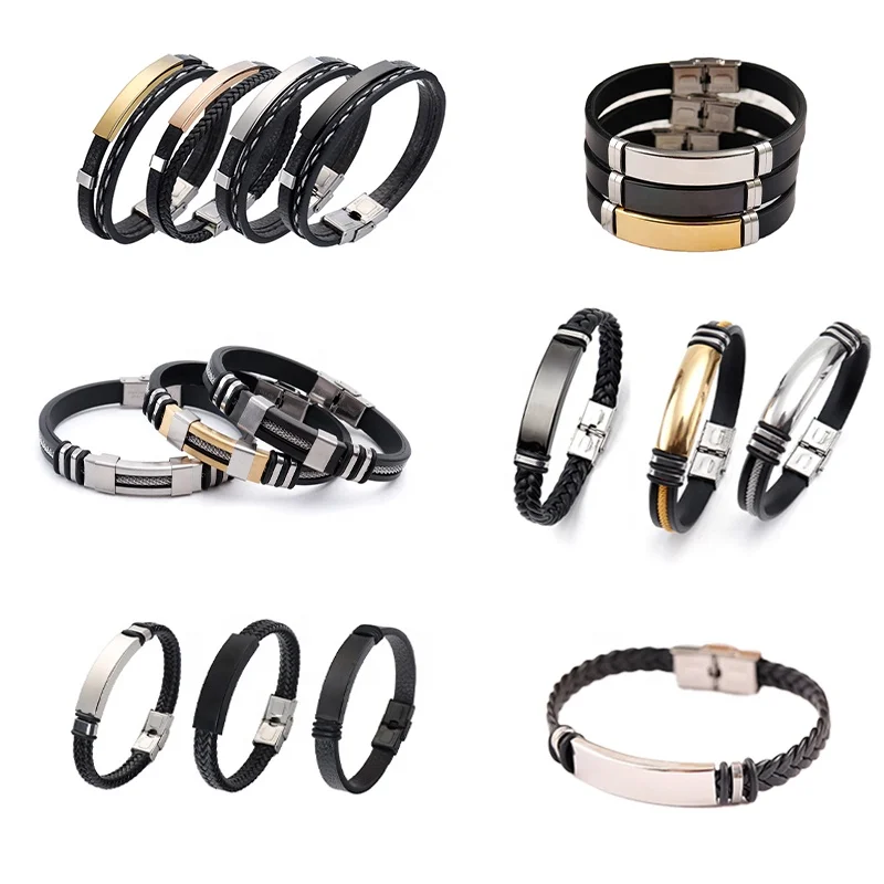 

Promotion Wristband High Quality Custom Personal Engraved Stainless Steel Black Leather Rope Wrap Bracelet Men Jewelry