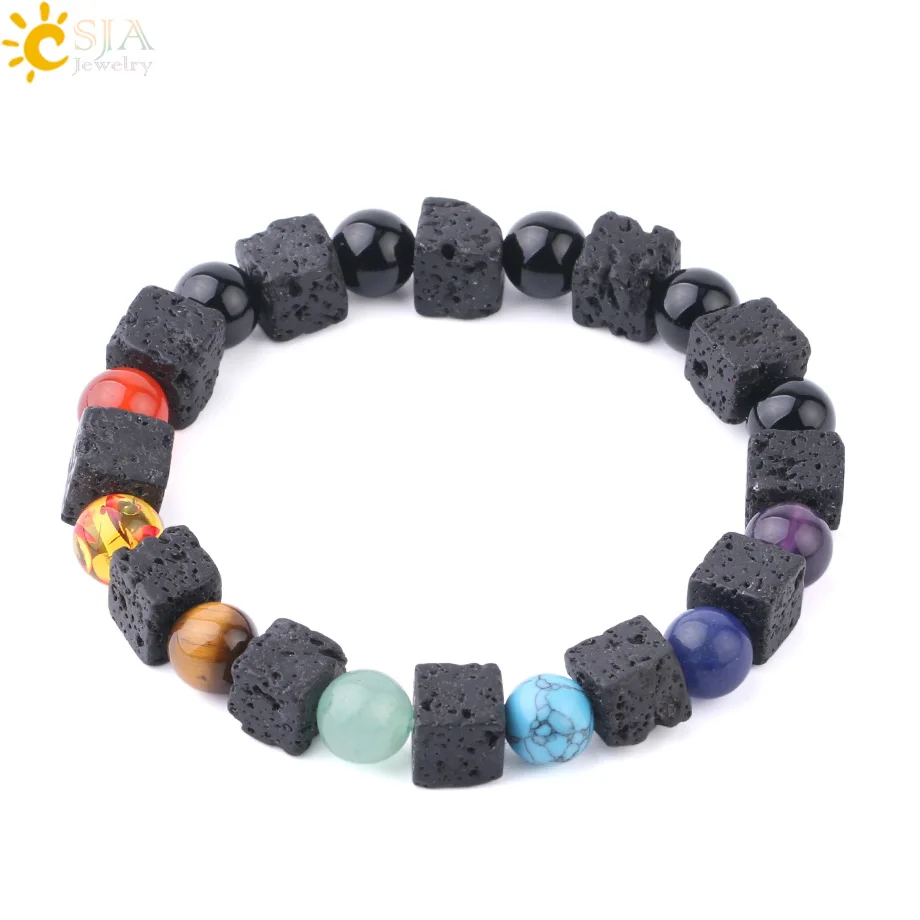 

CSJA wholesale men bracelet natural square-shaped lava stone bead bracelet bangle 7 chakra volcanic stone jewelry F698