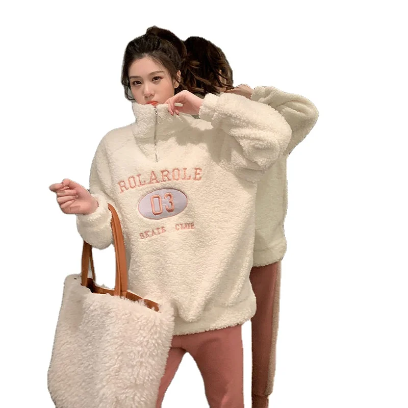 

Autumn and winter lamb plush sweater women half high collar plus velvet thick ins letter embroidery loose large size warm jacket