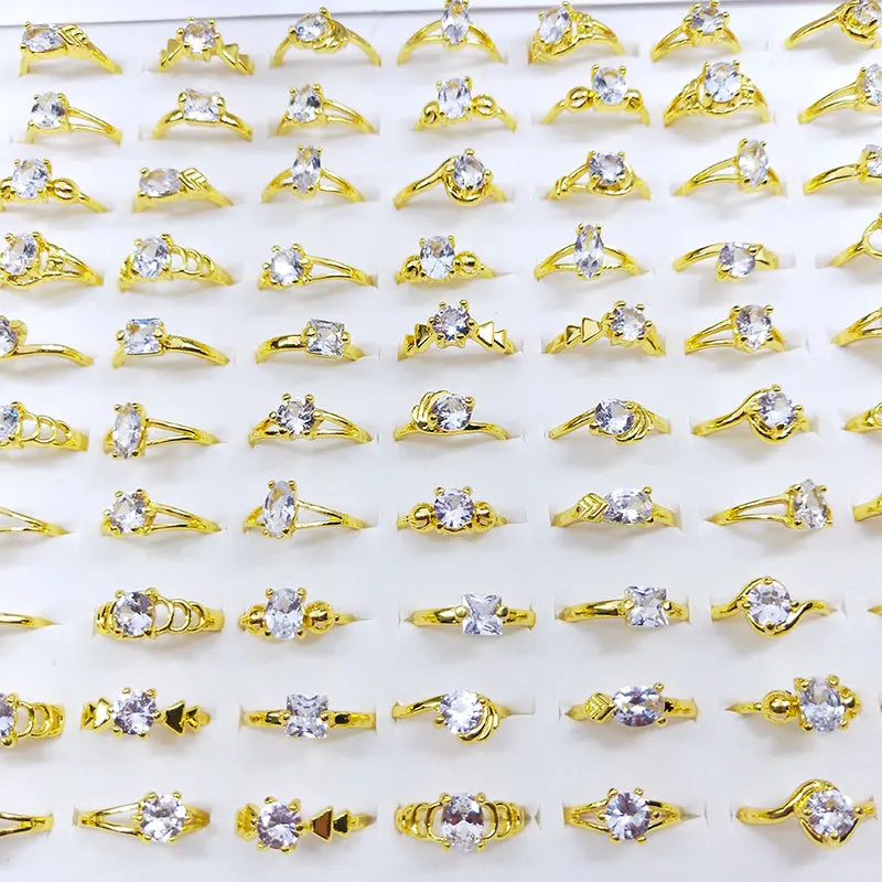 

24K Gold Plated Rhinestone Wedding Rings Shiny Finger Jewelry Bulk Lots Mixed Style Geometric Iced Out Cubic Zircon Ring Gifts