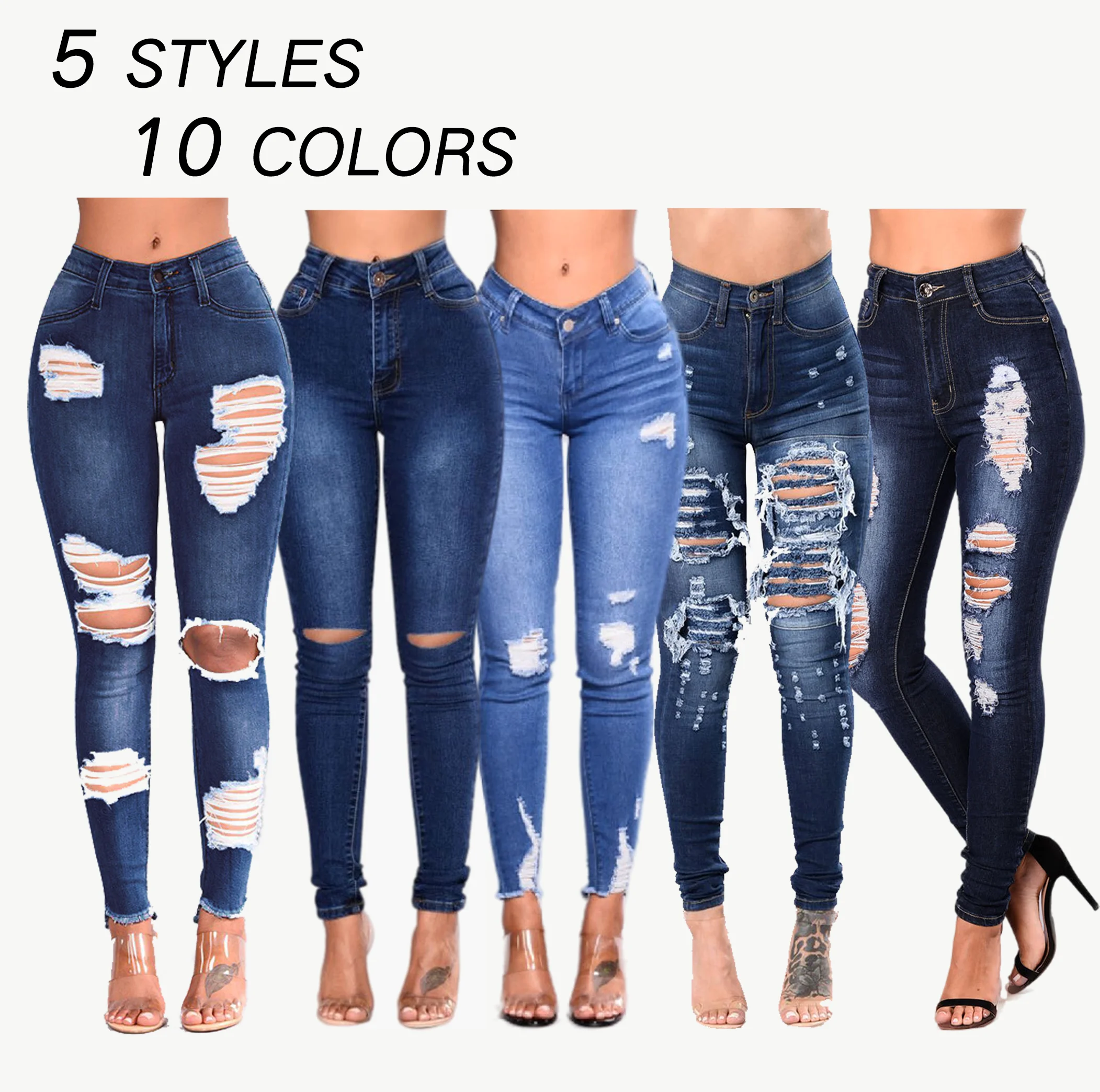 

C8139 2023 New Women's Cut Up High Waisted Distressed Jeans Women Pants For Ladies