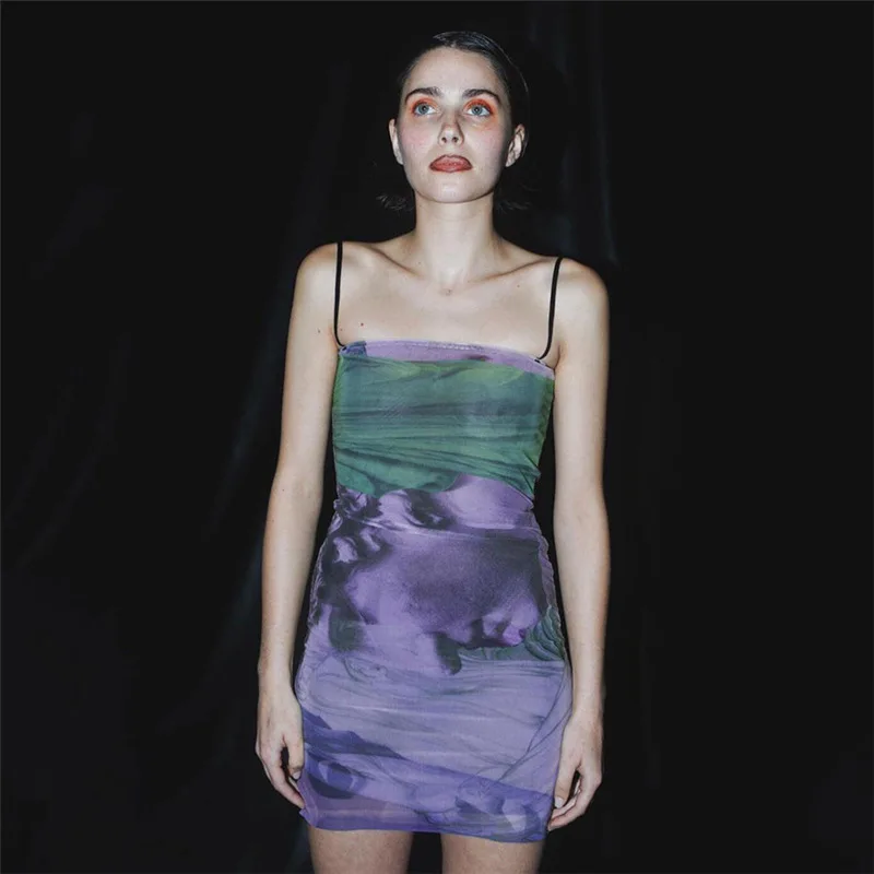 

2021 drop shipping trendy ladies fashion slim printed sexy casual mini A line dress