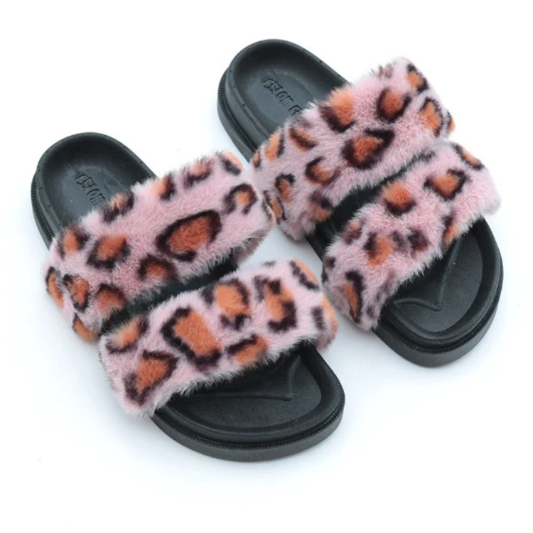 

Fox fur colorful leopard prints fashion girl outdoor fall fur slide slippers plus size 45 women