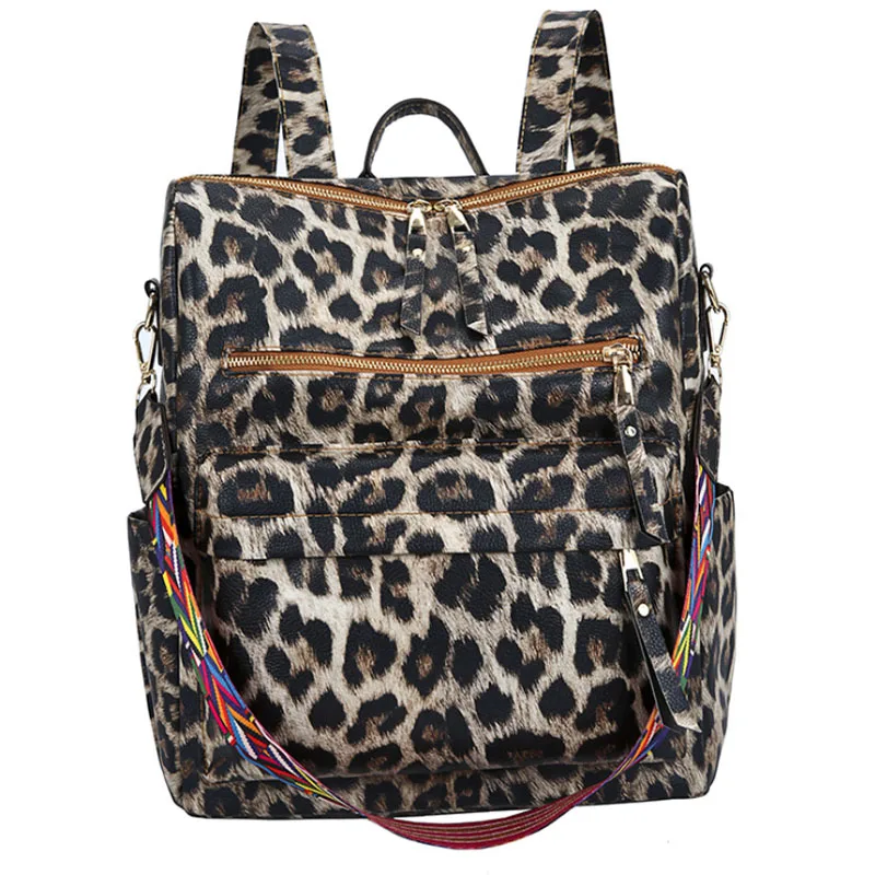 

Girls Backpack Wholesale Faux Leather Cheetah Leopard Backpack with Reversible Strap, White leopard, brown leopard