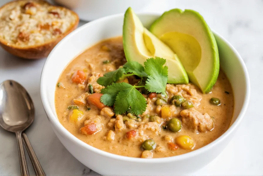 Finished creamy chicken chili served in white bowl with avocado slices and cilantro garnish
