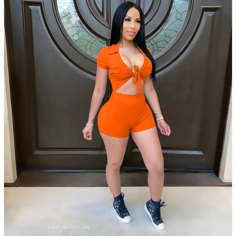 

Sexy Ladies Outfit 2021 Casual Front Tie-Bow Womens Clothing Bodycon Two Piece Shorts Set, Pink,orange,light gray