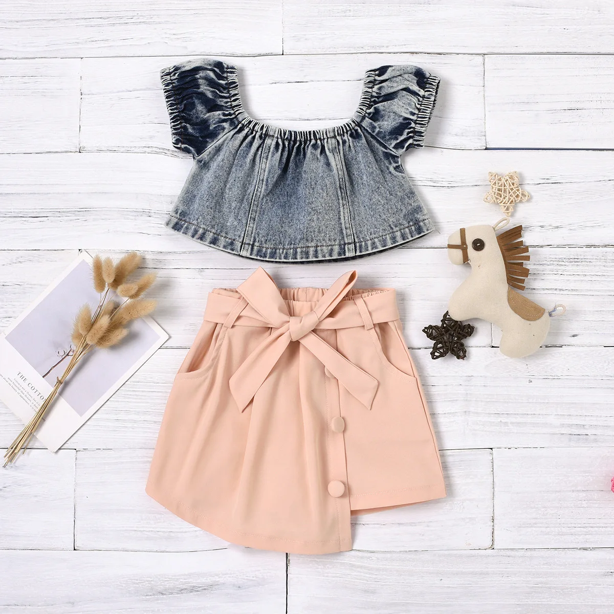 

Fashion Kids Girls Off Shoulder Denim Tops + Pink Shorts Sets