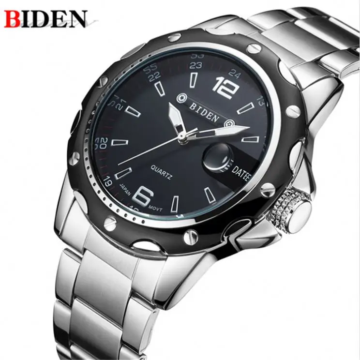 

BIDEN 0012 high quality silver mens quartz watch best stainless steel band Waterproof auto date Simple business reloj wristwatch