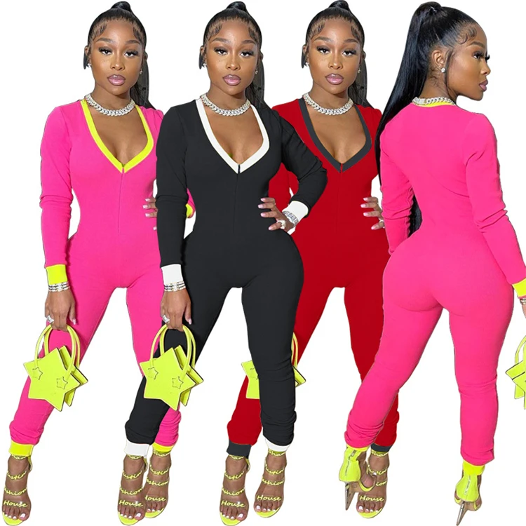 

D96134 Deep V sexy slim long sleeve jumpsuit plus size women jumpsuit women bodysuit jumpsuit