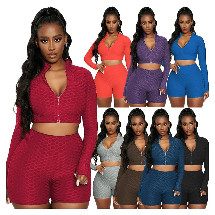 

S-2XL new design 2021 women casual clothing jacquard tight fitness yoga 2 two piece set zipper long sleeve top and shorts, 8 colors