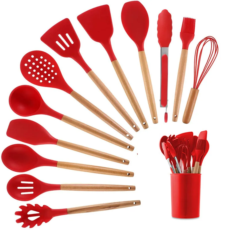 

Hot Sale Food Grade Silicone Kitchen Utensils Set 11pcs Silicone Utensils With Wooden Handle