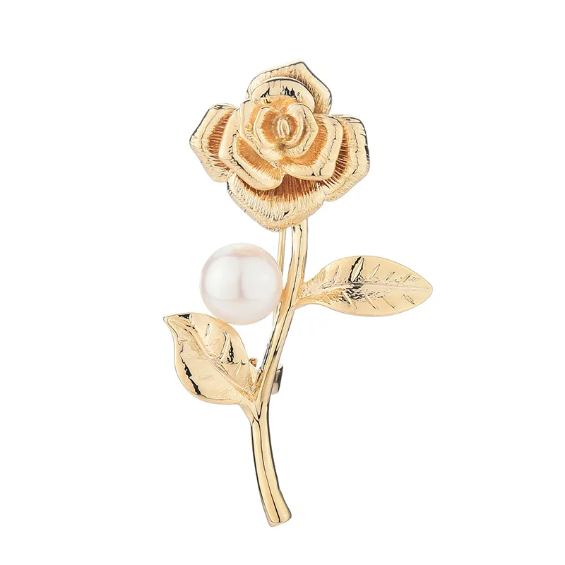 

New Stylish Metal Rose Flower Brooches Encrusted with Crystal and Simulated Pearl for Girlfriend Lover, Gold,silver