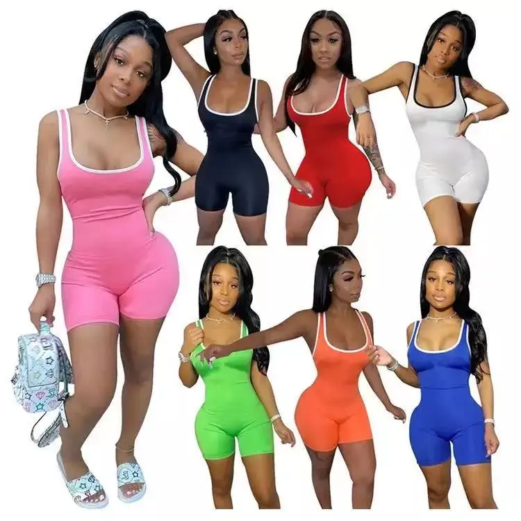

2021 Hot Style 11 Colors Summer Women's V-neck Vest Solid Short Casual Sports Jumpsuits For Women Bodysuits
