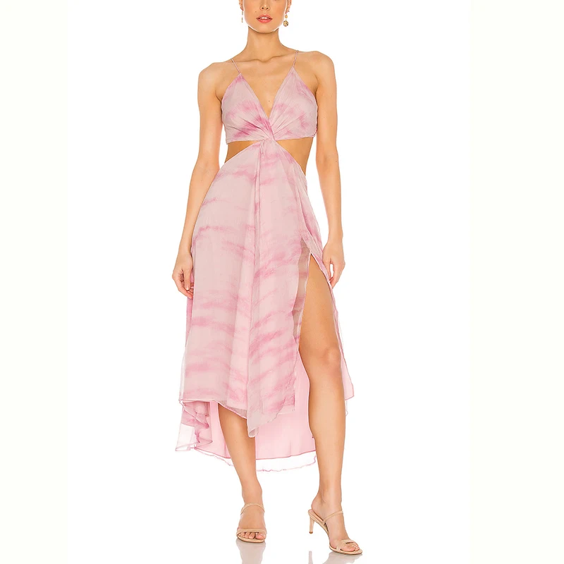 

Tie Dye Long Dress Women Summer Print V-neck Spaghetti Straps Cross Twist A-line Sexy Beach Dress, Pink