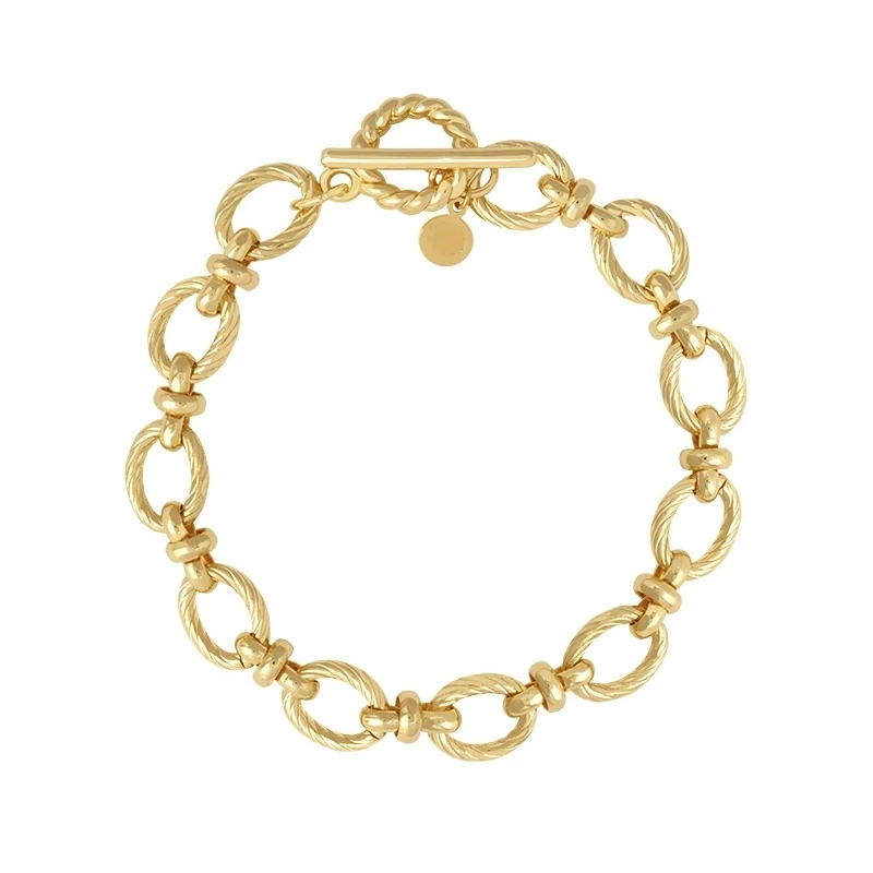 

Personalized Modern Fashion Design 316L Stainless Steel Gold Plated Textured Oval Link Chain T-Bar Bracelet