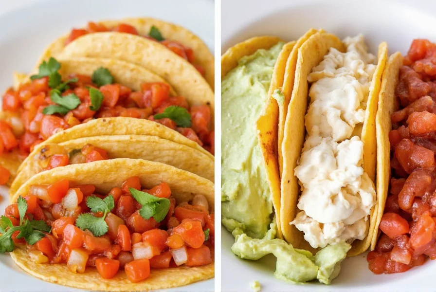 Side-by-side comparison of red pepper crema drizzled on tacos versus traditional salsa and mayonnaise-based sauces