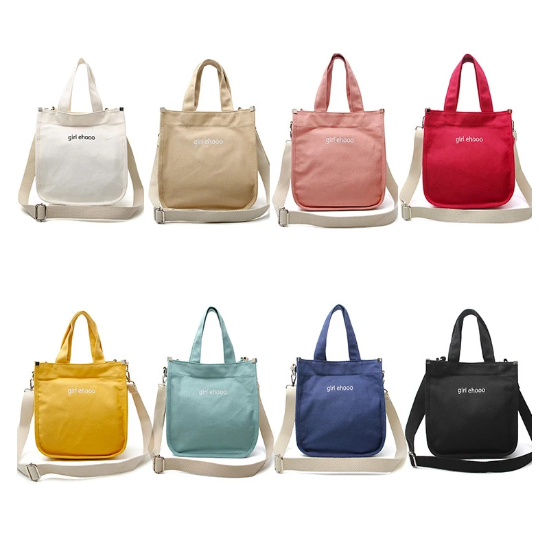 

CG024 Factory simple solid color student messenger bag portable custom women shoulder strap canvas cotton handbag tote bags