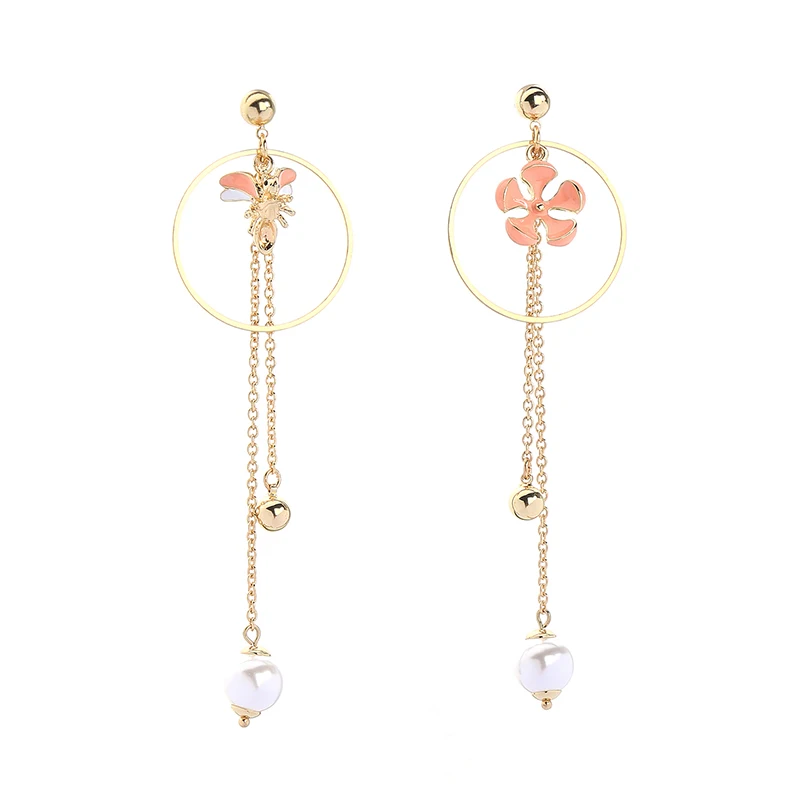 

ed01589c Mismatched Long Yellow Pink Drop Dangle Bee Shaped Womens Gold Pearl Chain Hoop Earrings With Flower