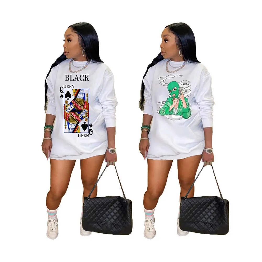 

Foma KY3046 New Fashion ladies clothing cartoon poker print street hipster women girl oversize sexy mini sweater dress