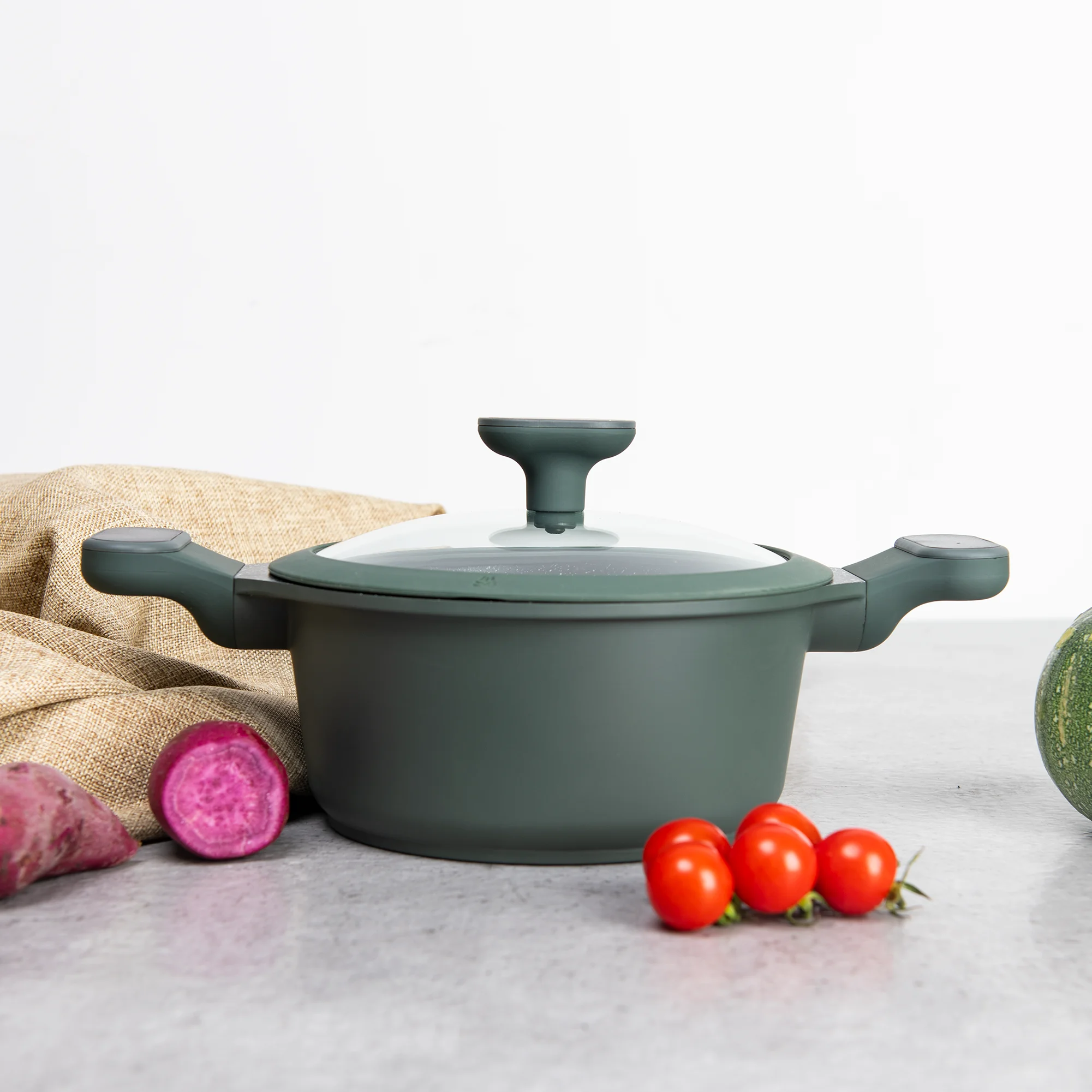 

BESCO Stock Escalation Series 24cm Nonstick Marble Casting Aluminum Casserole Soup Pot Cooking Pot with Tempered Glass Lid Green