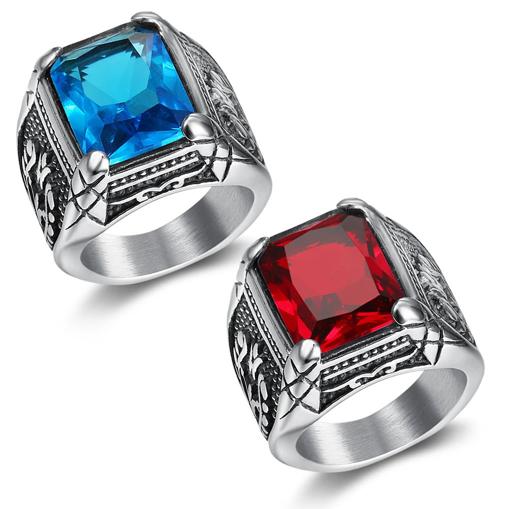 

cool design 316 stainless steel red Stone ring design biker signet ring for men, Silver