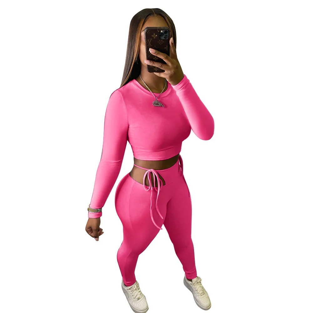 

2020 new arrivals autumn designs women long sleeve crop top with full length casual pants set
