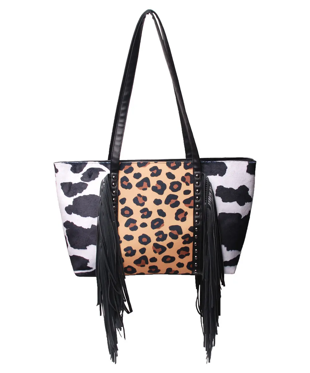 

Wholesale High Quality Cow Leopard Tassel Tote Bag With Rivet Decoration Large Capacity Handbags DOM112-1392