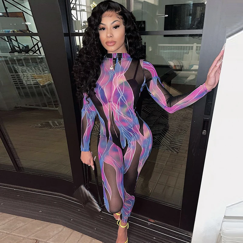 

Bomblook K21JP514 Sexy See Through Mesh Clubwear Long Sleeve Colorful Print High Elastic Casual Jumpsuit Women