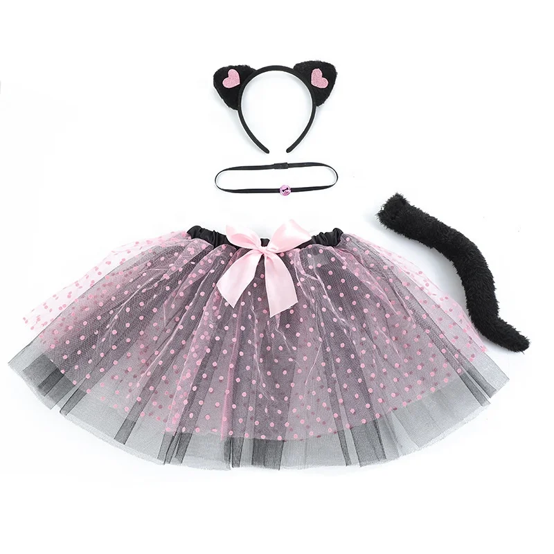 

Pink Cat Costume Set Cat Ears Headband Tail Bowtie Tutu-Halloween, Dress Up, Kids Cosplay Accessory Kit