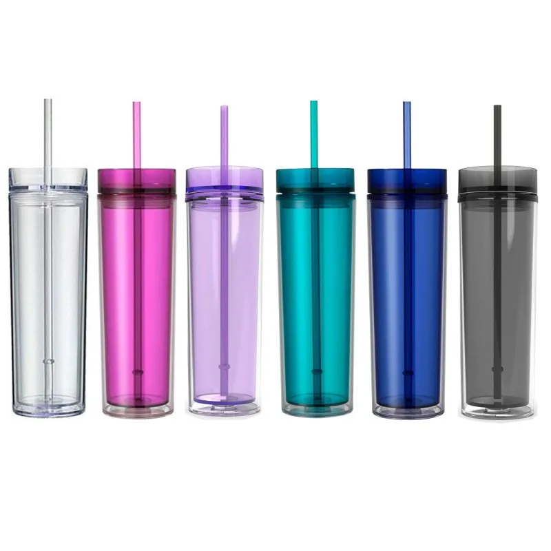 

D2140 16oz Tumbler Vacuum Insulated Beer Coffee Mug Glasses with Lids Straws Plastic Straight Cup, 6 colors