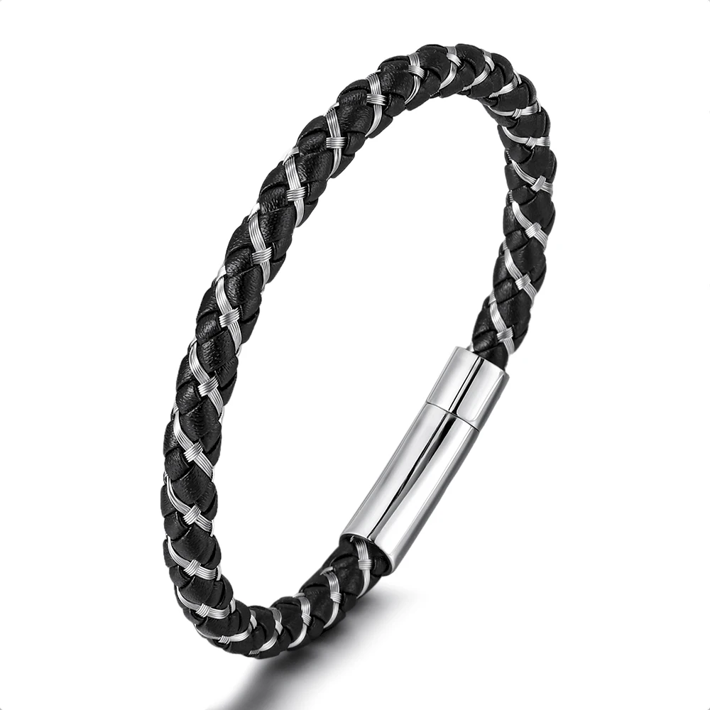New Design Fashion Luxury Leather Braided Magnetic Buckle Stainless Steel Simple Black Silver Ladies Men's Bracelet