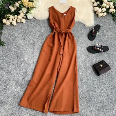 

Thailand fashion women sleeveless solid color long jumpsuits with belt