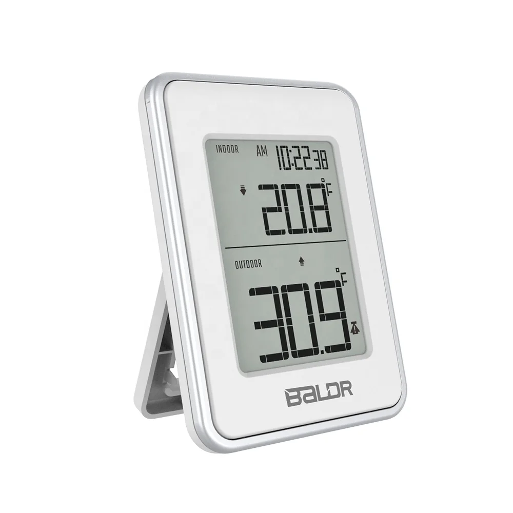 

BALDR B0139 Digital Wireless Indoor Outdoor Thermometer with Alert Temperature Monitor Time Display Loud Alarm Wall Clock, White black