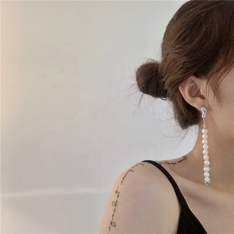 

Simple Sweet Round Imitation Pearl Long Earrings Fashion Minimalist Silver Color Drop Earrings Women Jewelry Weddings Gifts