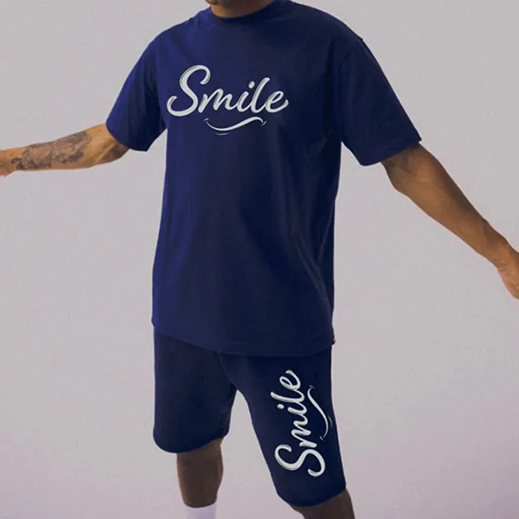

Affordable Casual Clothes Smile Letter Print Short Sleeve Track Suit Youthful Mens Activewear Men Summer Shorts Set 2021, Red,black,gray,cyan,white/black,white/blue,red/black