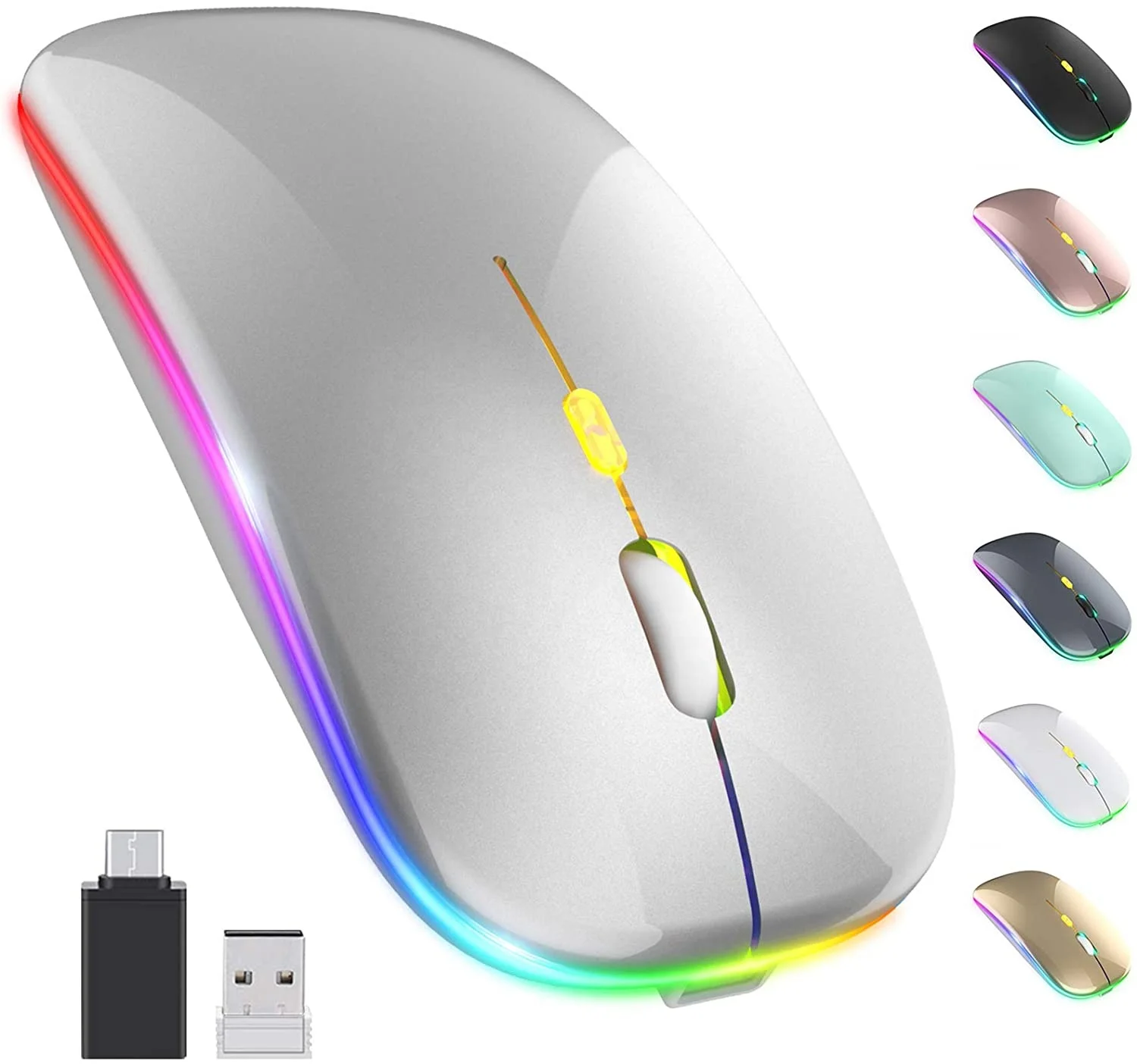 

High LED Wireless Mouse Rechargeable Slim Silent Mouse 2.4G Portable Mobile Optical Office Mouse with USB & Type-c Receiver