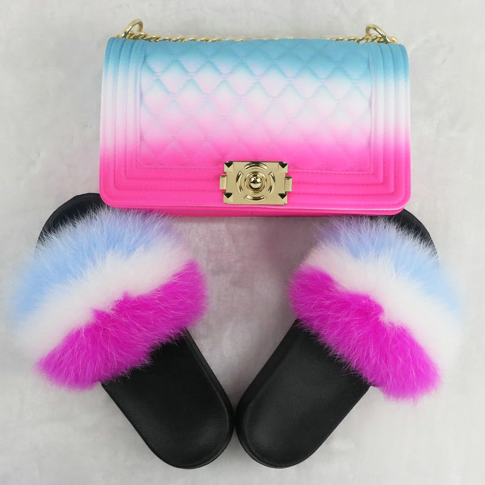 

Rainbow Jelly Bag Matte With Fox Furry Slides Sets Purse Bag Match Fur Sandals Raccoon Fur Slippers