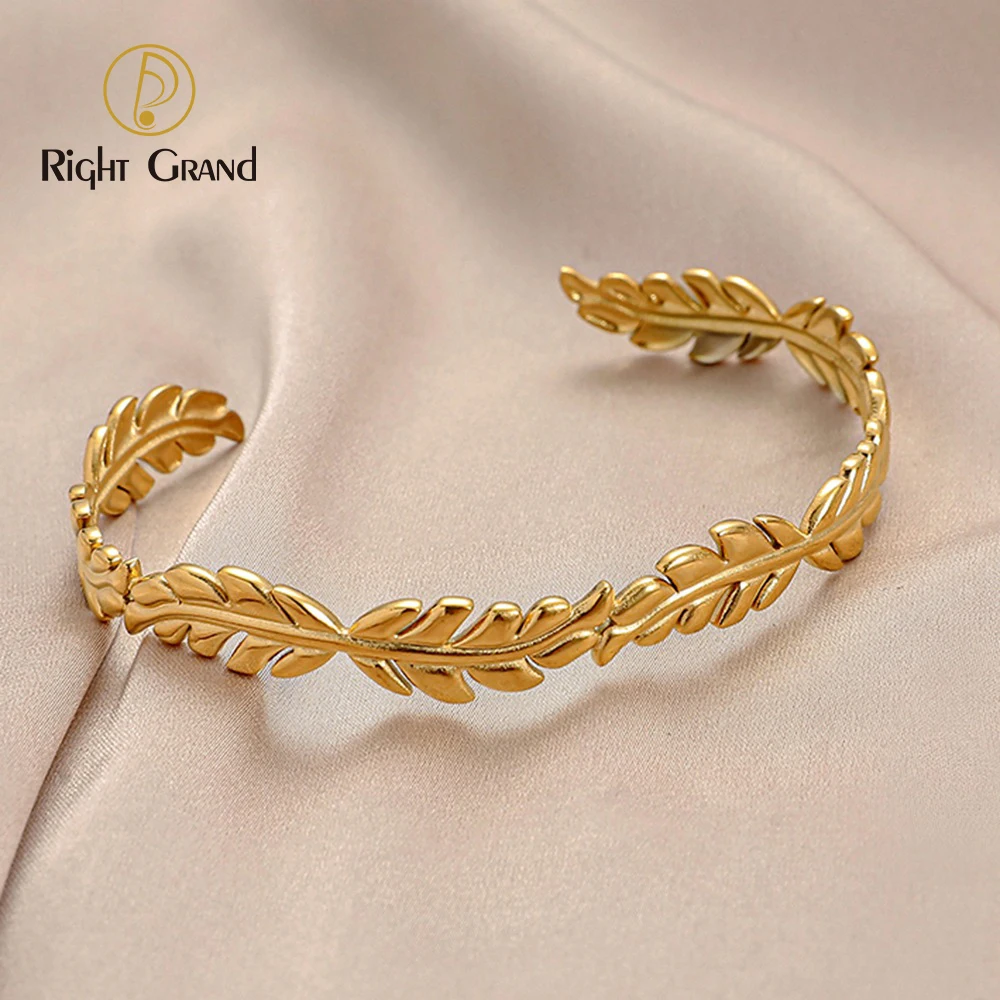 

18k Gold Plated Adjustable Retro Bangle Non Tarnish Stainless Steel Leaf Cuff Bracelet for Women