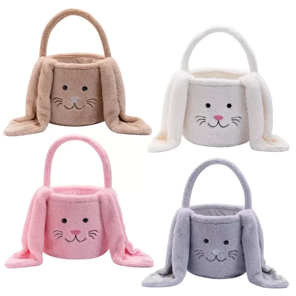 

Wholesale Custom Handbag Fuzzy Long Ears Easter rabbit Bucket Plush Furry Bunny Gift Bags Easter basket