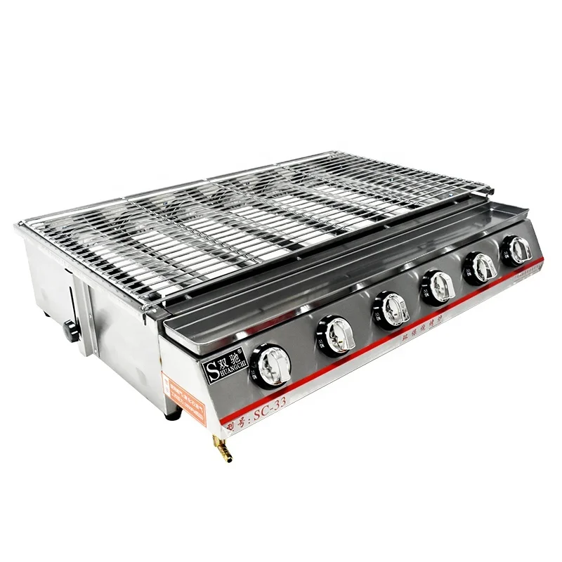 

LPG 6 burner gas bbq grill barbecue meat roaster commercial stainless steel kebab machine, Stainless steel original silver