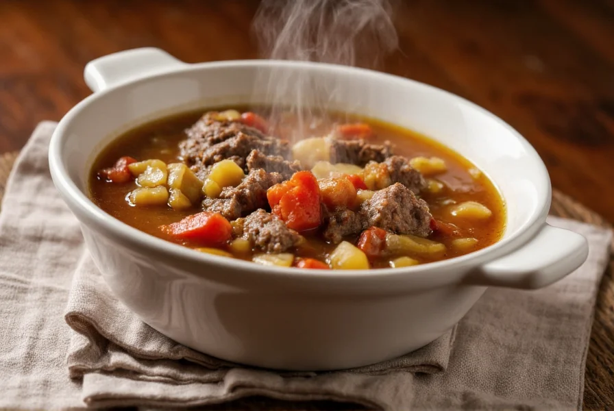 Traditional Philadelphia pepper pot stew in a white bowl with steam rising, showing tender tripe pieces and vegetables in a rich broth