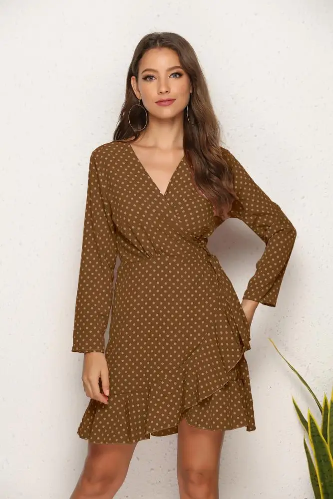 
D3411 Summer Polka Dot Lone Sleeve Womens Chiffon Casual Mini Dresses 