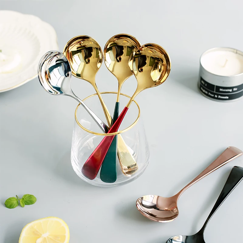 

Creative 304 Stainless Steel Fashion Small Round Spoon Colorful handle Korean Style Spoon, Silver.gold.customized color
